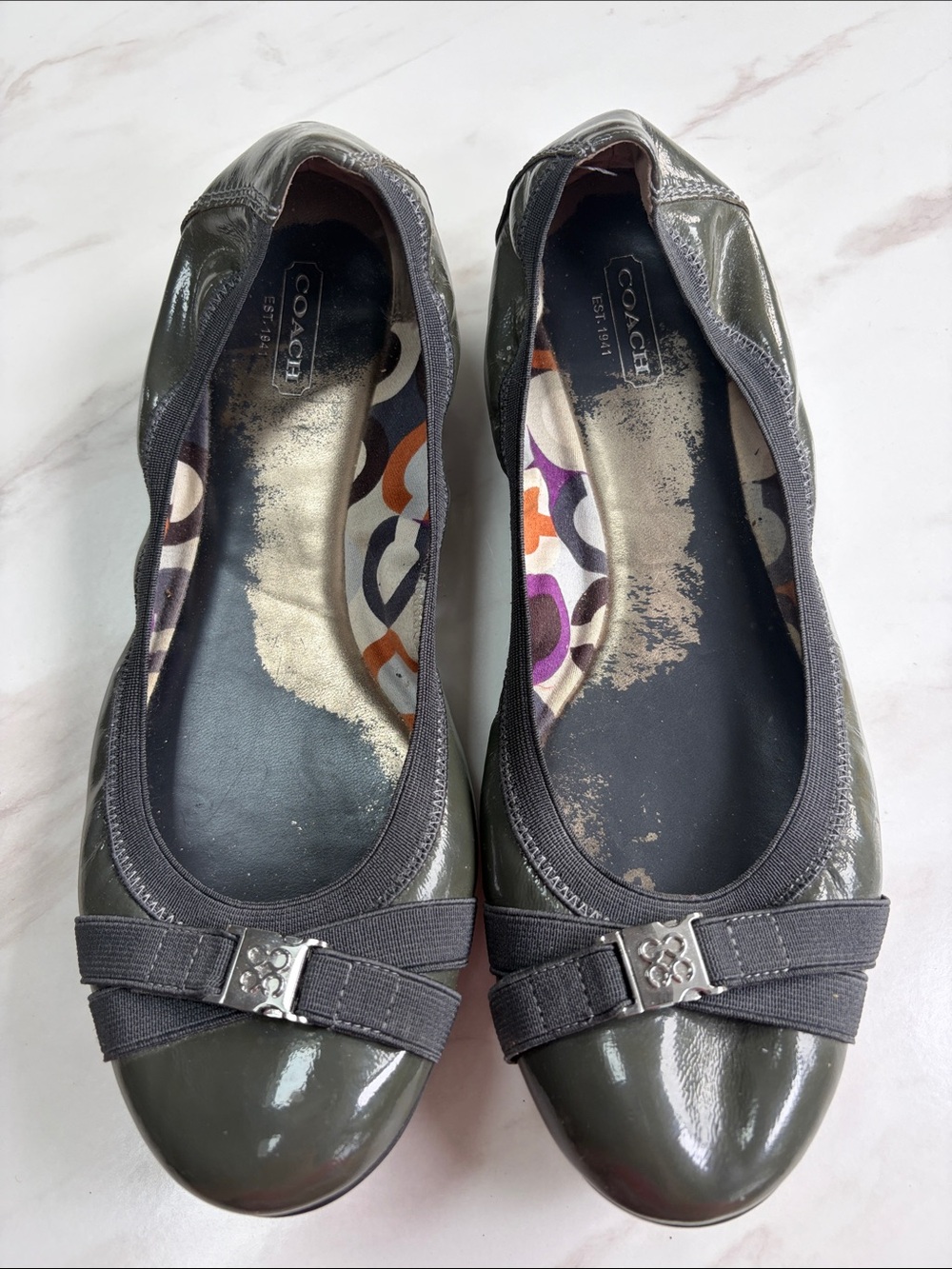 Coach Olive Green Patent Leather Ballet Flats Dwyer Slip on size 9